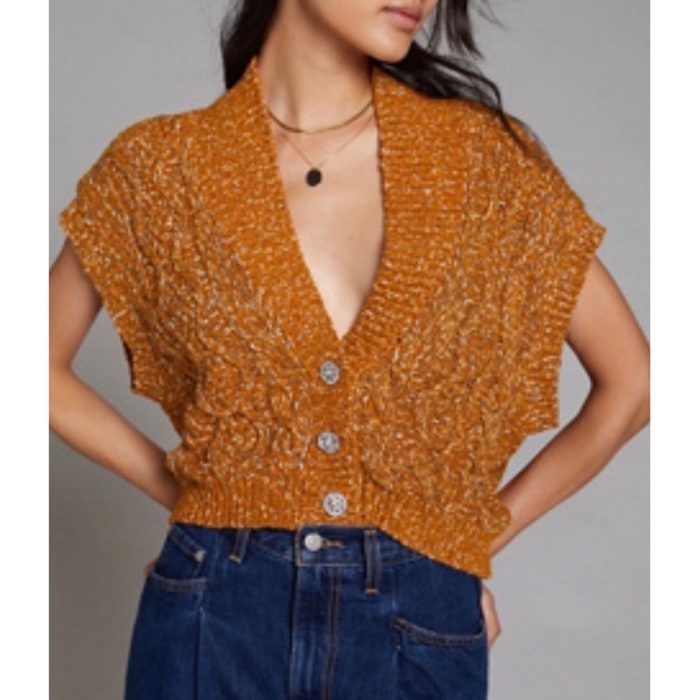 Maeve Anthropologie Ochre Cable Knit Sweater Vest Rhinestone Button Boho Medium